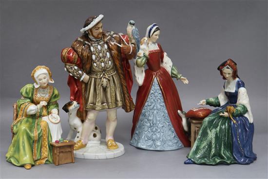 Four Royal Doulton figures: Henry VIII HN3350, Anne of Cleeves HN3356, Catherine of Aragon HN3233 and Anne Boleyn HN3232